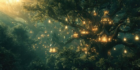 Fototapeta premium A fantasy scene of a hidden elven city in an ancient forest, with magical treehouses and glowing lights. Resplendent.