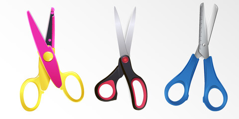 Set of scissors with handles of different colors. Tool for cutting paper, cardboard. Stationery with sharp blades. - 790584953