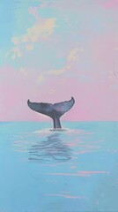 Captures the slow, rhythmic movement of a whale s tail as it disappears beneath the surface, the splash a soft whisper in the vast, quiet ocean