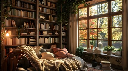 Cozy Reading Nook with Overflowing Bookshelves and Warm Lighting for a Relaxing Retreat