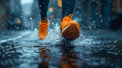 雨の道を走るランナーの足元