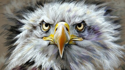Captures the intense gaze of a bald eagle, its stark white feathers around the face highlighting the sharp yellow of its eyes, conveying the power and intensity of America s national bird