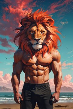 red hair Lion head and muscular - Generative AI 