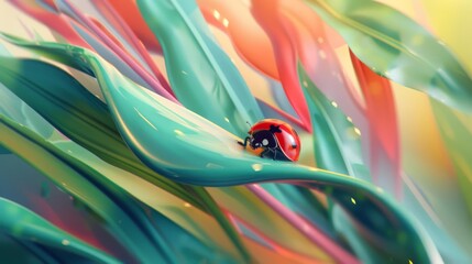 Captures a charming ladybug as it crawls along the vibrant green leaf, the bright red of its shell standing out brilliantly against the natural backdrop, highlighting its delightful presence - obrazy, fototapety, plakaty