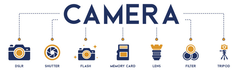 Camera banner website icons vector illustration concept of with an icons of DSLR, shutter, flash, memory card, lens, filter, tripod on white background