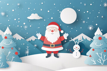 christmas papercut style santa claus and snowman on blue background
