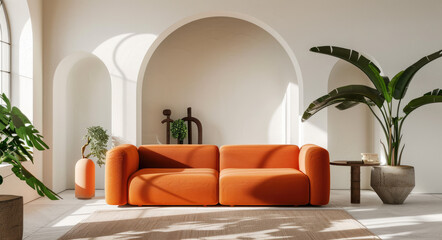 Modern living room interior with sofa and decorative arches in warm orange color, mock up for home decor