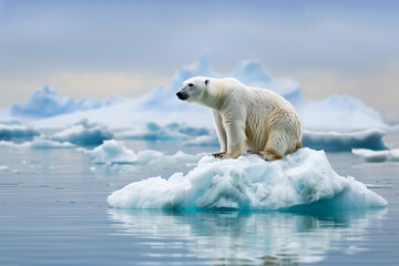 Polar bear on ice floe melting glacier, global warming..