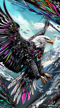 Captures a bald eagle soaring high above the mountains, its stark white head contrasting dramatically against the deep blue sky, embodying the essence of majesty and freedom