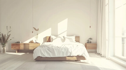 a beautiful clean, modern style bedroom with made bed, cleane, harmony, perfectly bright diffuse lighting 