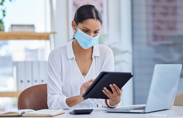 Tablet, modern office and woman with face mask for virus protection, compliance and health or...