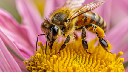 pollination of plants. A bee collects pollen from a pink flower close-up. Honey production. eco-friendly beekeeping
