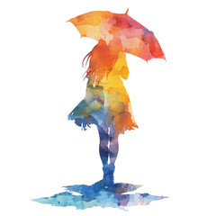 abstract colour silhouette of umbrella girl vector illustration in watercolor style