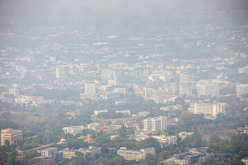 Chiang Mai, Thailand - March 14, 2019: Air pollution over Chiang Mai City, levels of particulate matter smaller than 2.5 microns (PM2.5) - obrazy, fototapety, plakaty