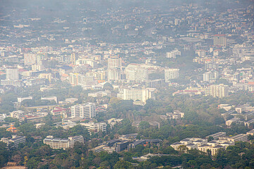 Chiang Mai, Thailand - March 14, 2019: Air pollution over Chiang Mai City, levels of particulate matter smaller than 2.5 microns (PM2.5)