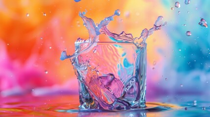 Splash of paint Colorful. Abstract background. Digital Art, colored floating liquid in the trend colors pink, orange, blue and violet, Brightly colored liquid splashing into a glass of water