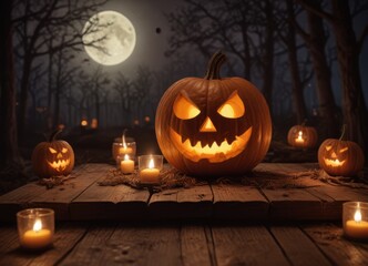 Halloween pumpkin head jack lantern with burning candles, Spooky Forest with a full moon and wooden table