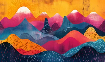 Light filtering roller blinds Mountains abstract landscape horizontal wallpaper with mountains and sunrise/ sunset in geometric shapes and grunge texture colorful illustration 