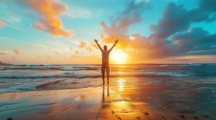 man raising arms up enjoying sunset on the beach looking morning sunrise - Self care, traveling, wellness and healthy life style concept