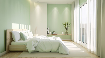 Fototapeta na wymiar a beautiful clean, modern style bedroom with made bed, cleane, harmony, perfectly bright diffuse lighting 