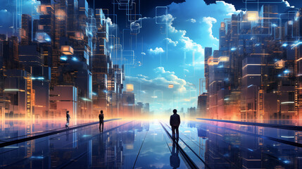 illustration virtual city of digital economy technology background. - obrazy, fototapety, plakaty