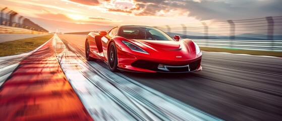 A sleek sports car speeds on a race track, bright red, captured at a dynamic angle with a blurred background to emphasize its velocity