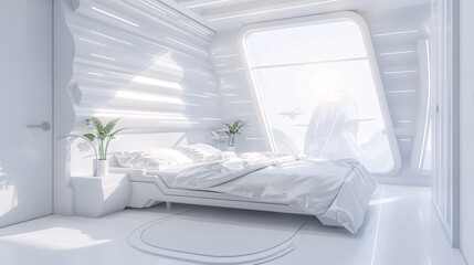 a beautiful clean, modern futuristic style bedroom with made bed, cleane, harmony, perfectly bright diffuse lighting 