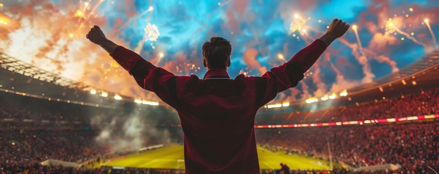 Sports celebration, fireworks over a stadium during a major sporting event, crowd's excitement visible