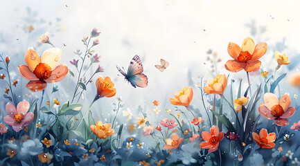 Morning Dew Melody: Watercolor Painting of Serene Meadow with Blooming Flowers and Butterflies