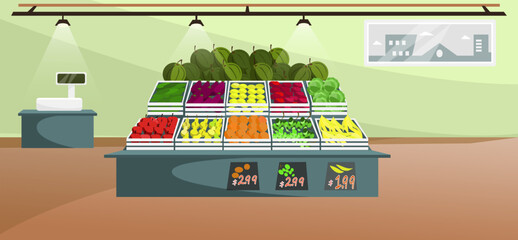 Grocery store vector illustration. Counter with vegetables and fruit in supermarket. Bananas, apples, oranges, watermelons, tomatoes, cabbage. Shopping, supermarket, fresh products, grocery concept