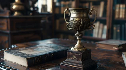 Fotobehang Prestigious Bronze Trophy on Vintage Wooden Desk,Detailed with Engraved Designs Evoking Historical Tradition © pkproject