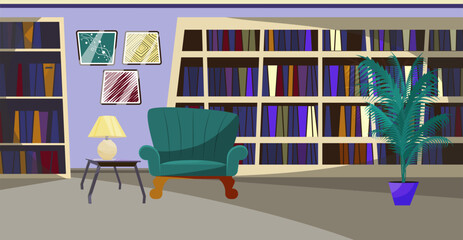 Home library flat vector illustration. Library with shelves with many books, armchair, table with lamp and potted plant. Hobby, reading, education concept