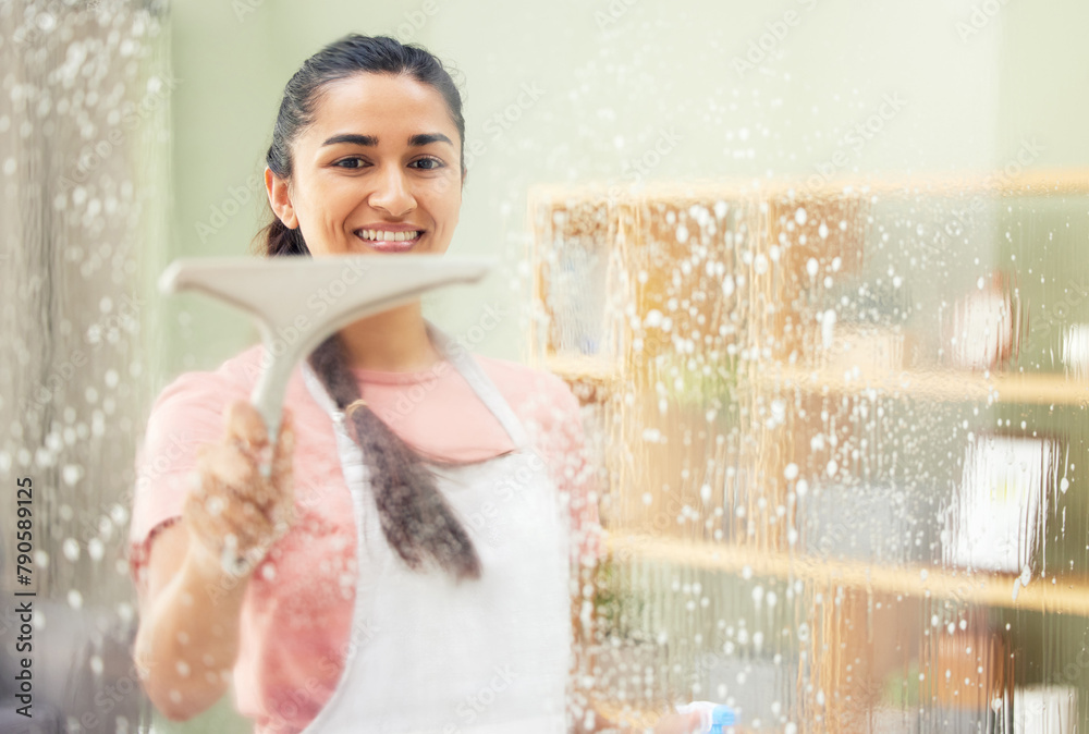 Poster Woman, window and cleaning in house with foam, liquid and spray for shine, hygiene and dust in living room. Person, cleaner and job in domestic services with soap, tools and water on glass for dirt