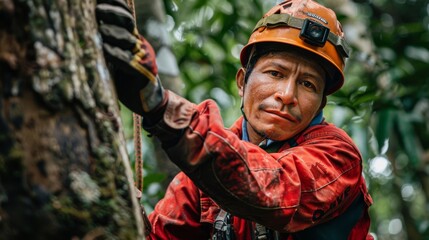 Focused Latin American logger with safety helmet in a lush forest - Powered by Adobe