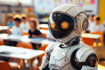 white robot student sits and studies at a desk in classroom at school