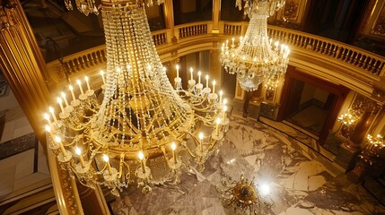 Luxurious Golden Chandelier Adorned with Sparkling Crystals in a Lavish Marble-Floored Hall