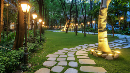 Garden stone walkway with lighted candles in the evening.