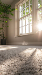 Clean carpet in an unoccupied room, breeze entering through windows, bright daylight, side view - obrazy, fototapety, plakaty