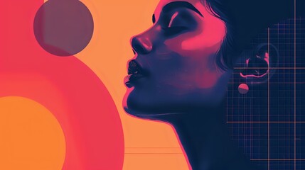 Modern Graphic Art: Navy Blue Female Silhouette on Vibrant Geometric Background