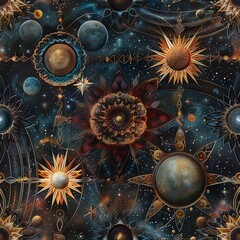 Celestial 3D mandalas, surrounded by moons, stars, and cosmic dust. Seamless Pattern, Fabric Pattern, Tumbler Wrap, Mug Wrap.