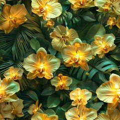 Fototapeta na wymiar Luminous 3D yellow orchids, weaving through a rainforest canopy. Seamless Pattern, Fabric Pattern, Tumbler Wrap, Mug Wrap.