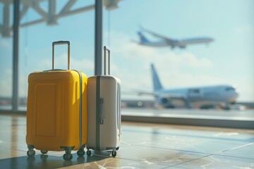 Two luggage placed side by side on the airport floor in a 3D render.