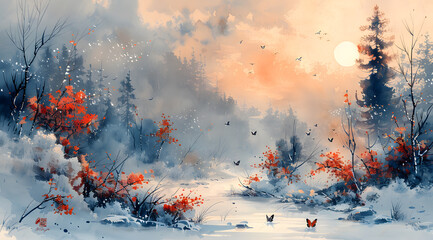 Winter Sunrise Ballet: Watercolor Scene of Frosted Garden with Waking Butterflies