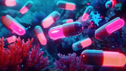 In a futuristic design, many bright, colorful pills.With neon lights and coral reefs in the background, the scene is underwater.