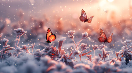 Butterfly Awakening in Frost: Watercolor Scene of Garden Waking to Winter Sunrise