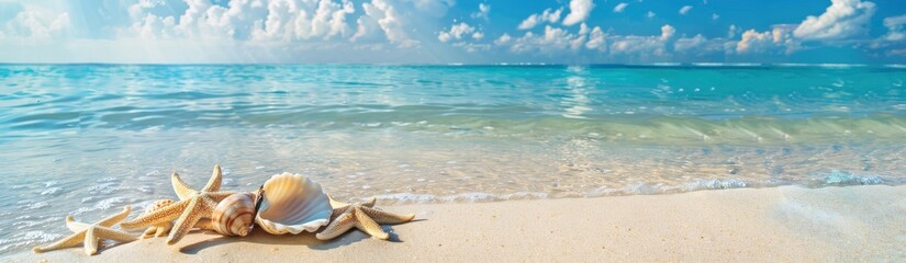 Fototapeta na wymiar a stunning sandy beach with blue skies and crystal-clear water,