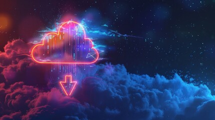 A futuristic cloud with an arrow pointing up, symbolizing the upward trend of digital transformation in business technology and data use cases 