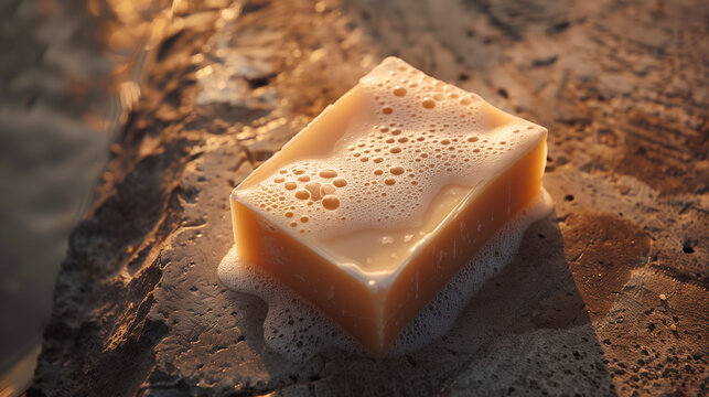 Concept photo of a square bar of soap resting on a stone, close-up. Raw graphic photos. Cosmetics advertising materials.