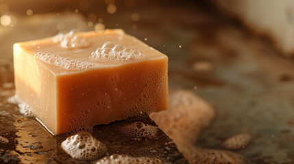 Concept photo of a square bar of soap resting on a stone, close-up. Raw graphic photos. Cosmetics advertising materials.
