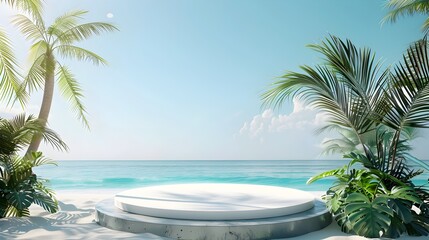 Idyllic 3D Rendered Summer Podium on Tropical Beach with Palm Trees and Ocean Backdrop,Perfect for Holiday Product Display